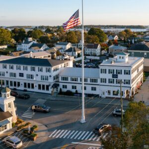 Drone shot of The Whaler's Inn in Downtown Mystic