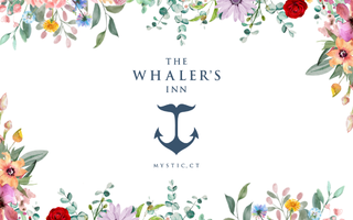 The Whaler's Inn in Mystic, CT branding featuring a nautical whale tail anchor logo framed by elegant watercolor florals.